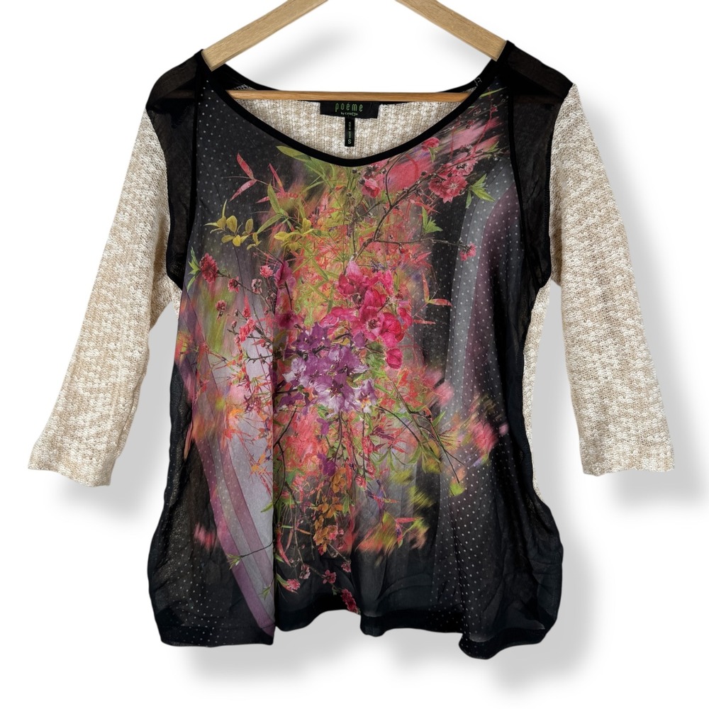 Poeme by Citron Santa Monica Sheer Mixed Media Top‎ Womens Size Small USA Made